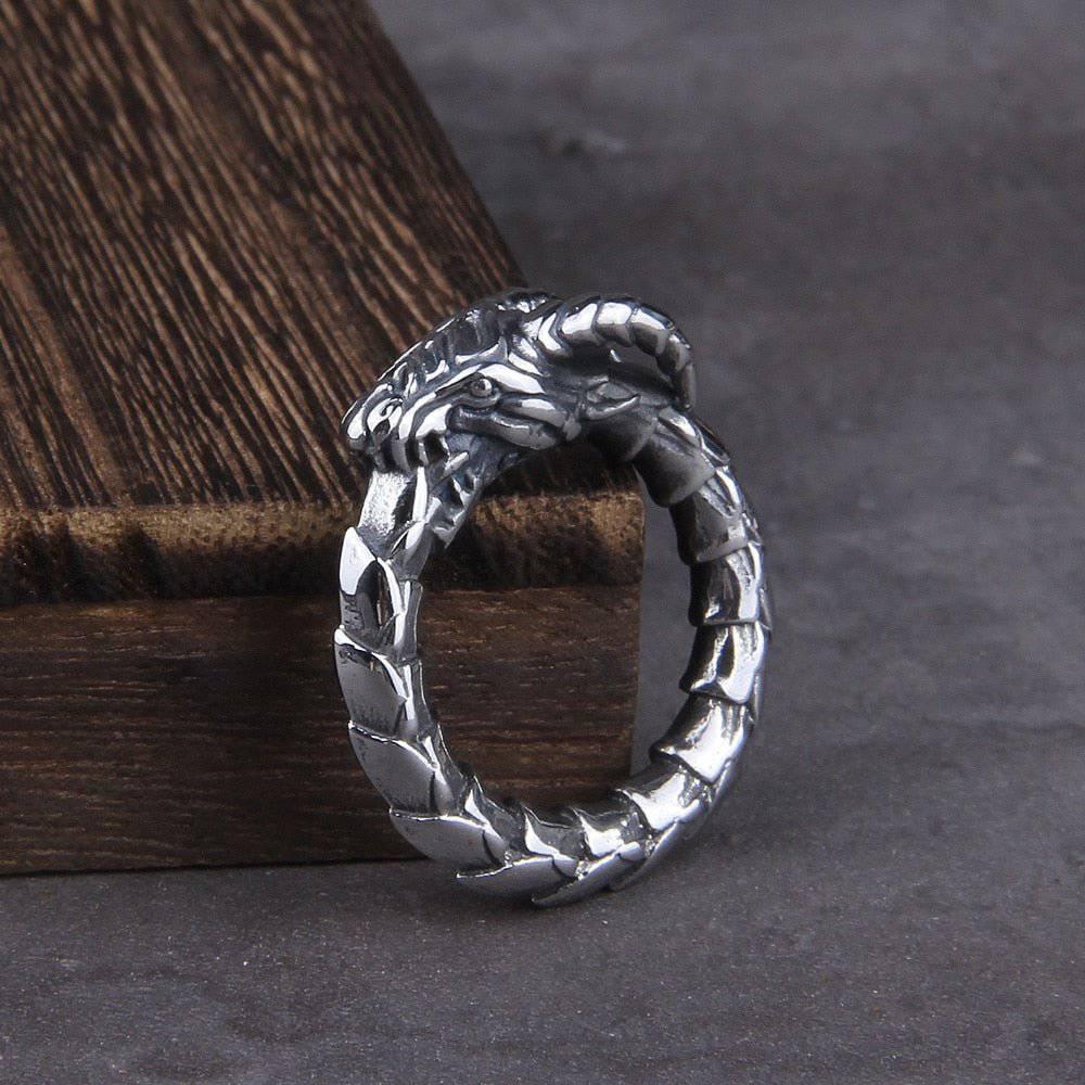 Ouroboros Snake Stainless Steel Ring, Silver