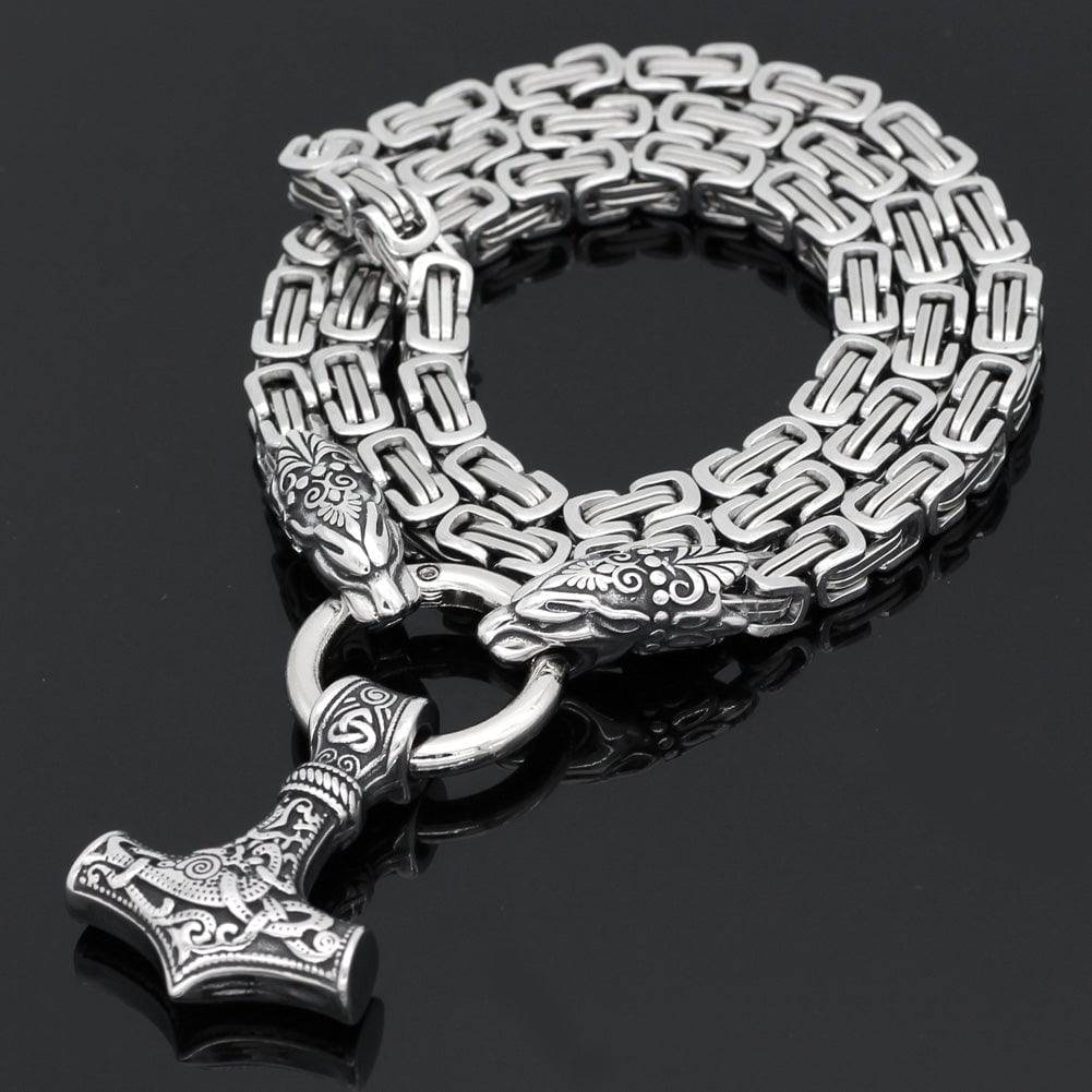 Animal Bite Ring Heavy Chain with Mjölnir - Stainless Steel