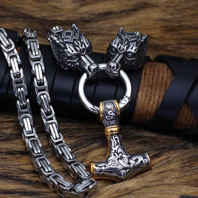 Viking Wolf King's Chain & Mjolnir - Norse Golden Necklace