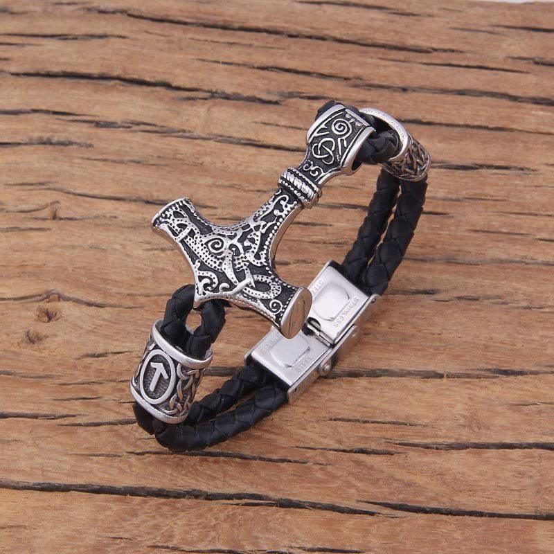  Mjolnir Thor's Hummer Black Leather Viking Bracelet