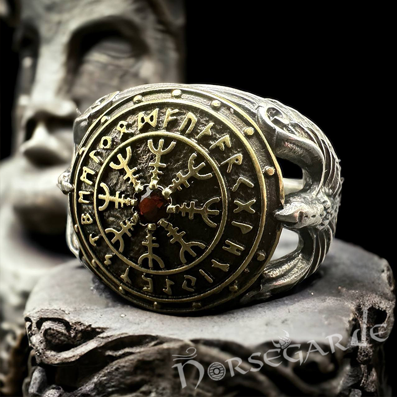 Handcrafted Helm of Awe Shield and Ravens Ring - Sterling Silver, Brass & Garnet