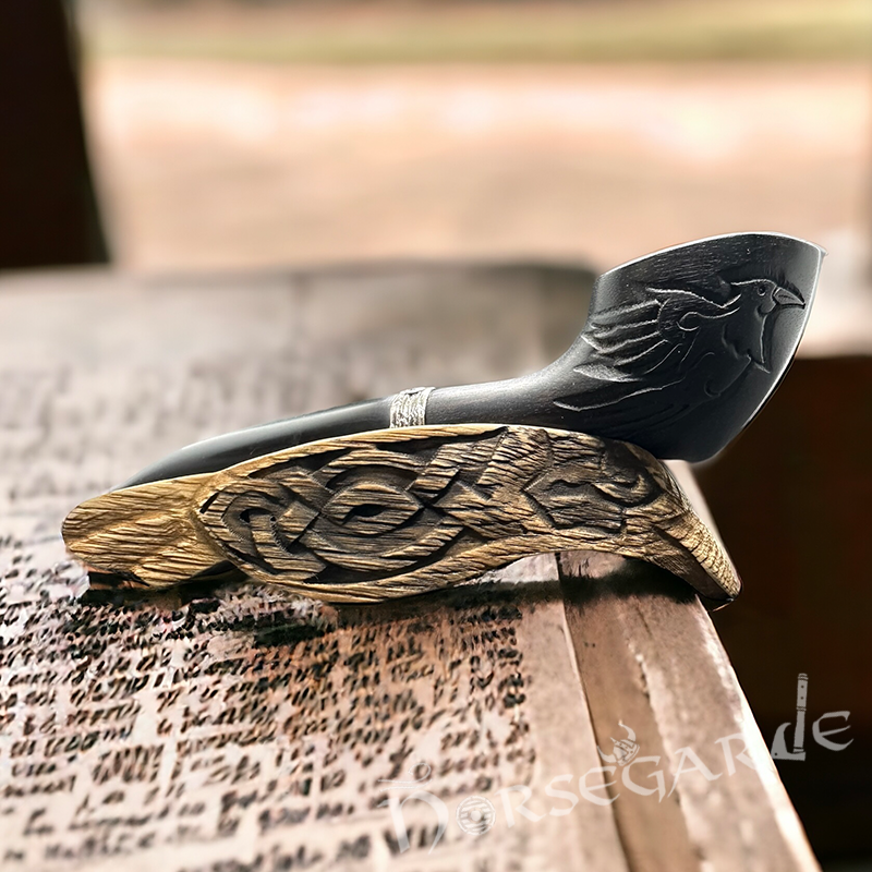 Handcarved Raven Smoking Pipe with Silver Inlay and Stand - Ebony