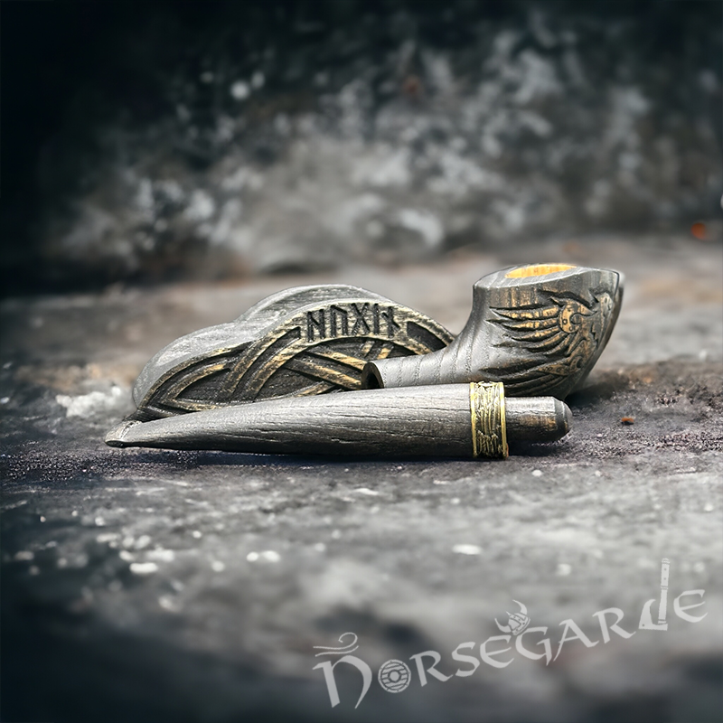 Handcarved Raven Smoking Pipe with Brass Inlay and Stand - Ash