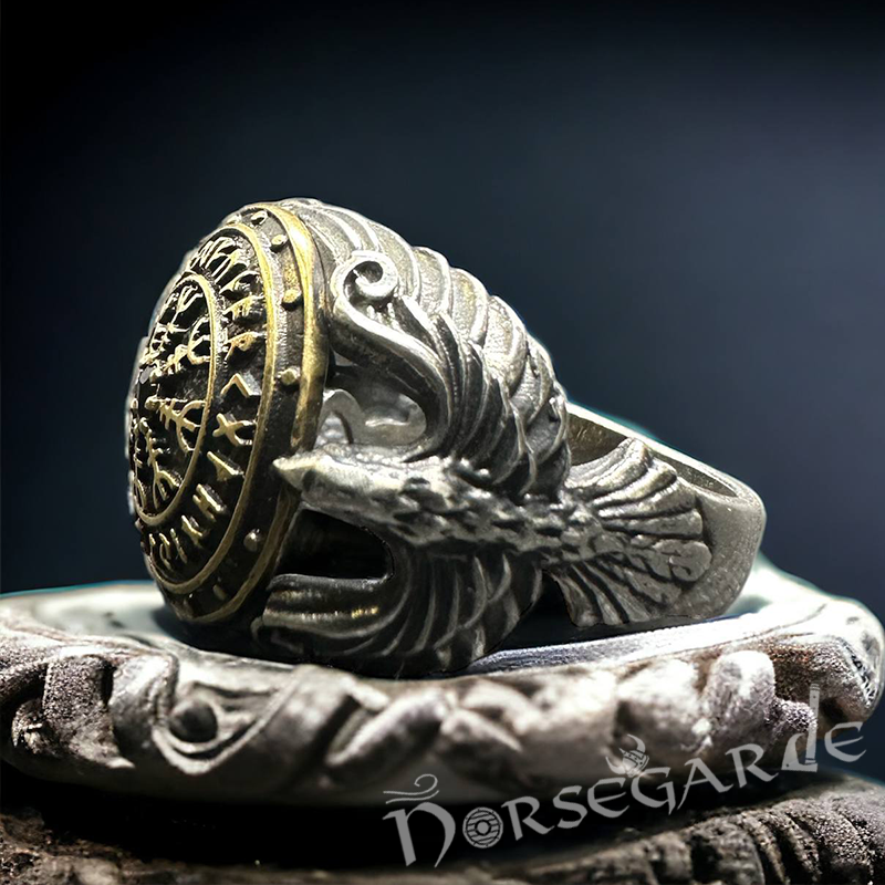 Handcrafted Helm of Awe Shield and Ravens Ring - Sterling Silver, Brass & Garnet