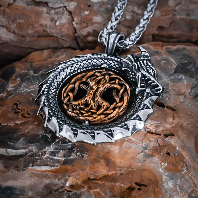 Serpent and Yggdrasil Ouroboros Pendant - Stainless Steel