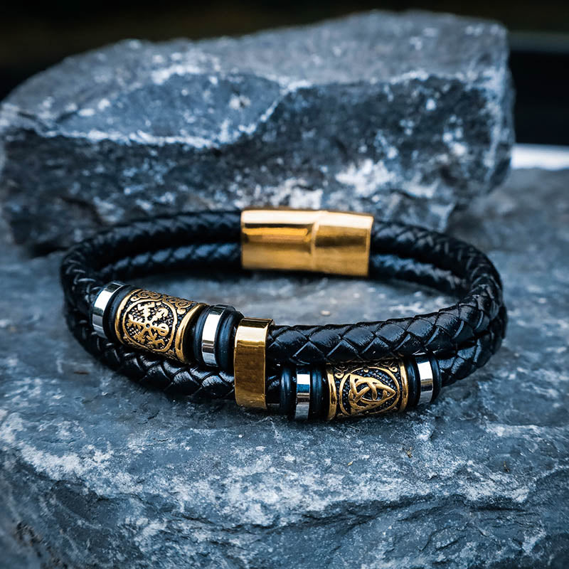 Viking Bead Dual Braid Leather Bracelet