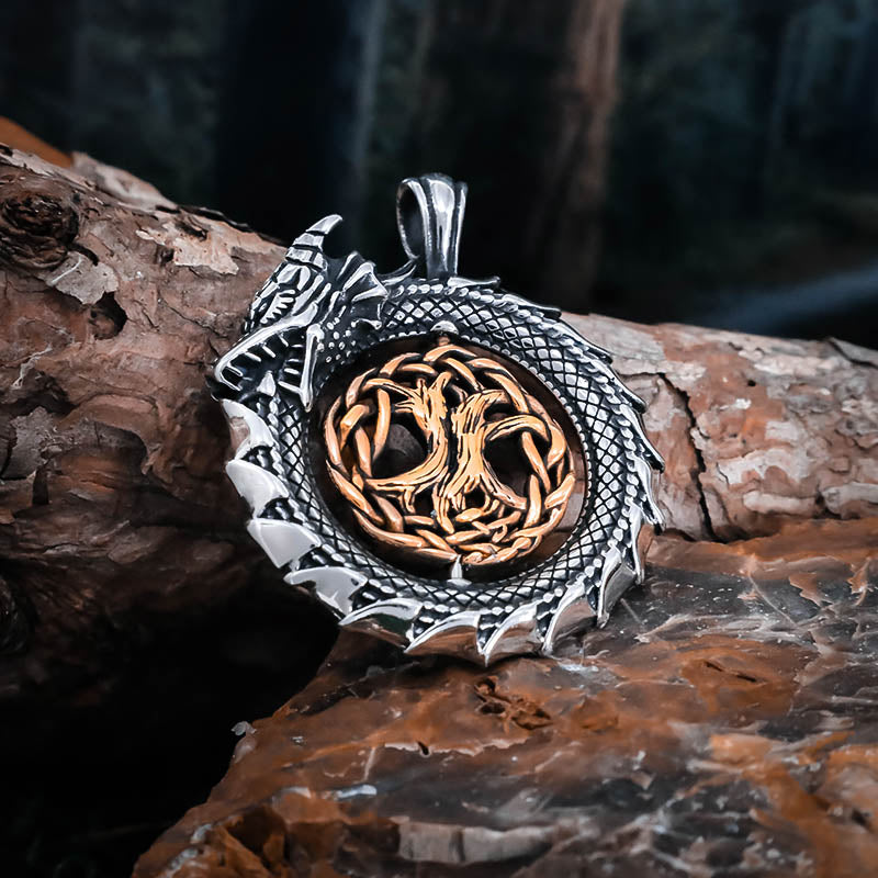 Serpent and Yggdrasil Ouroboros Pendant - Stainless Steel