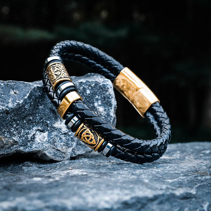 Viking Runic Braided Bracelet - Norse Leather Bracelet with Rune Beads