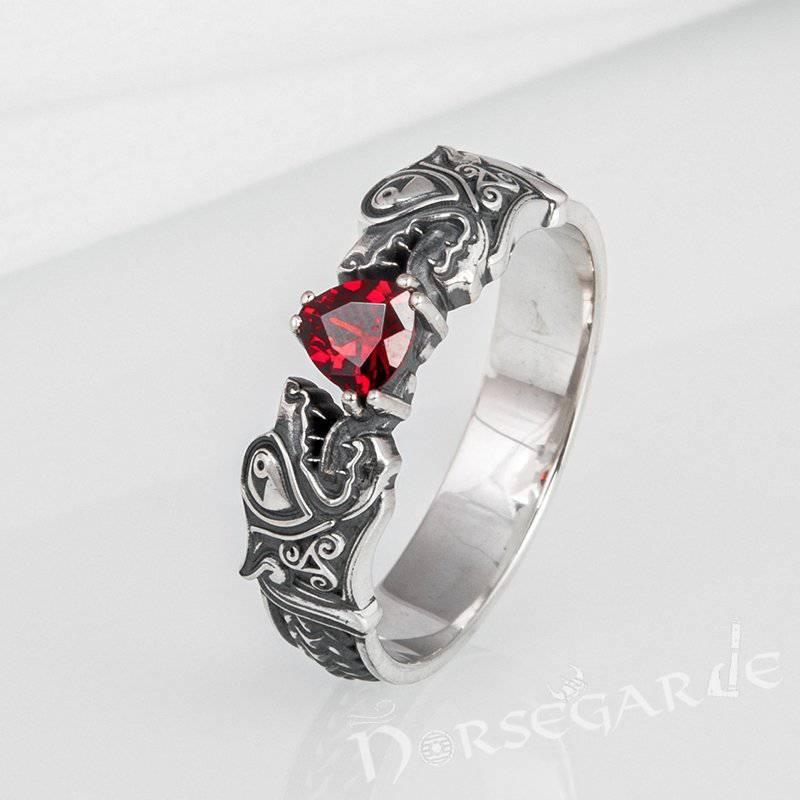 Odin's Wolves Viking Ring - Sterling Silver Handmade Band with Gem