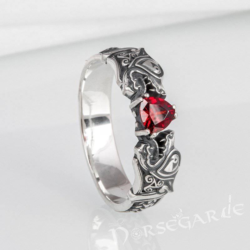 Odin's Wolves Viking Ring - Sterling Silver Handmade Band with Gem