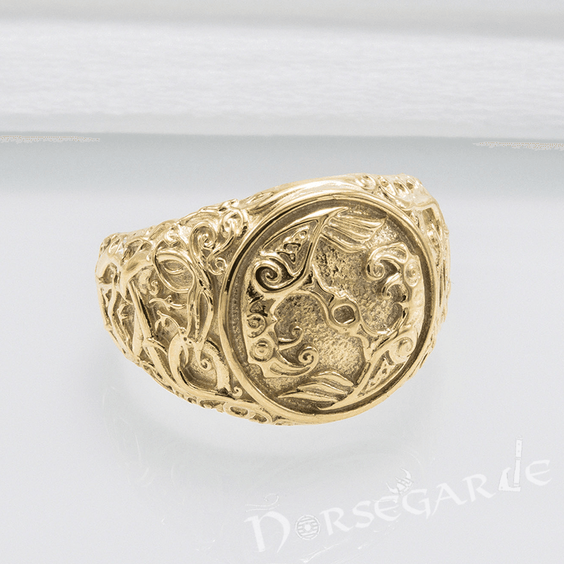 Handcrafted Urnes Style Ravens Ring - Gold - Norsegarde