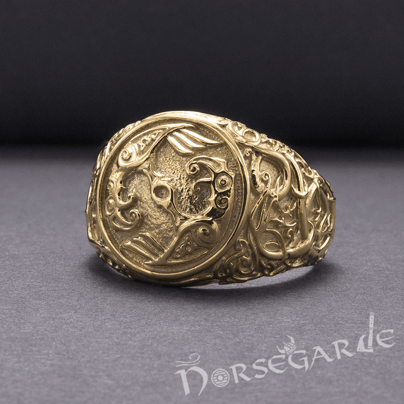 Handcrafted Urnes Style Ravens Ring - Gold - Norsegarde