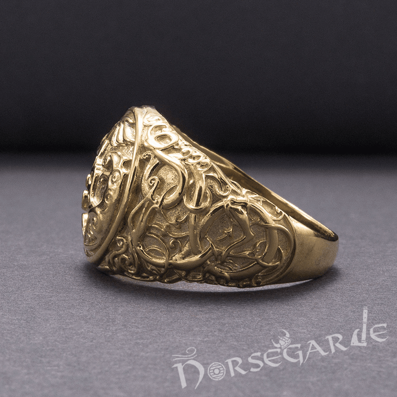 Handcrafted Urnes Style Ravens Ring - Gold - Norsegarde