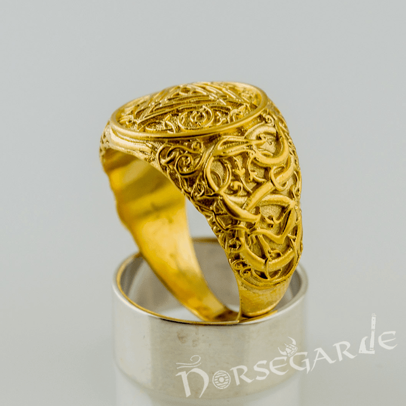 Handcrafted Urnes Style Valknut Ring - Gold - Norsegarde