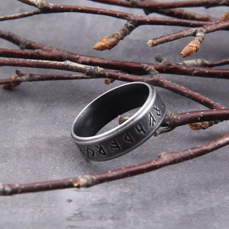 Viking Ring with Runes - Stainless Steel Modern Band with Norse Runes