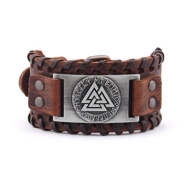 Runic Valknut Leather Wrap Bracelet - Norse Viking Bracelet