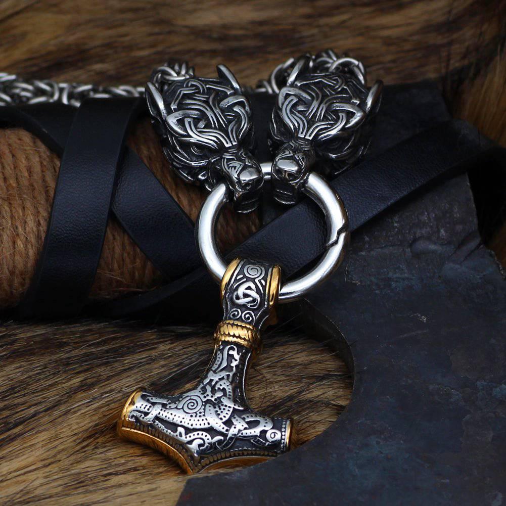 with Mjolnir Chain - Wolf King\'s Heavy Norsegarde Viking | Celtic Necklace